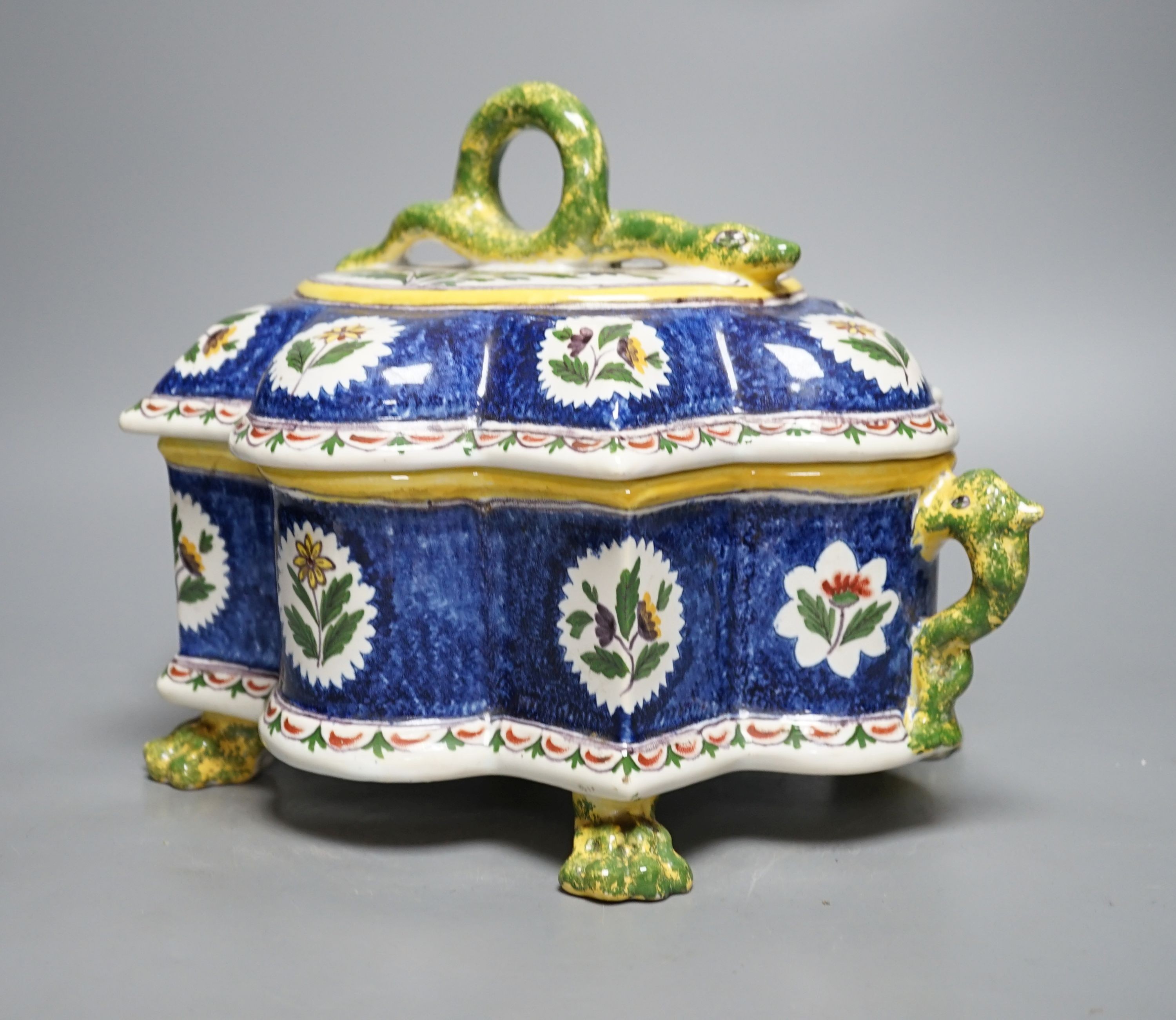 A Belgian Faience casket with ‘snake’ handles 30cm